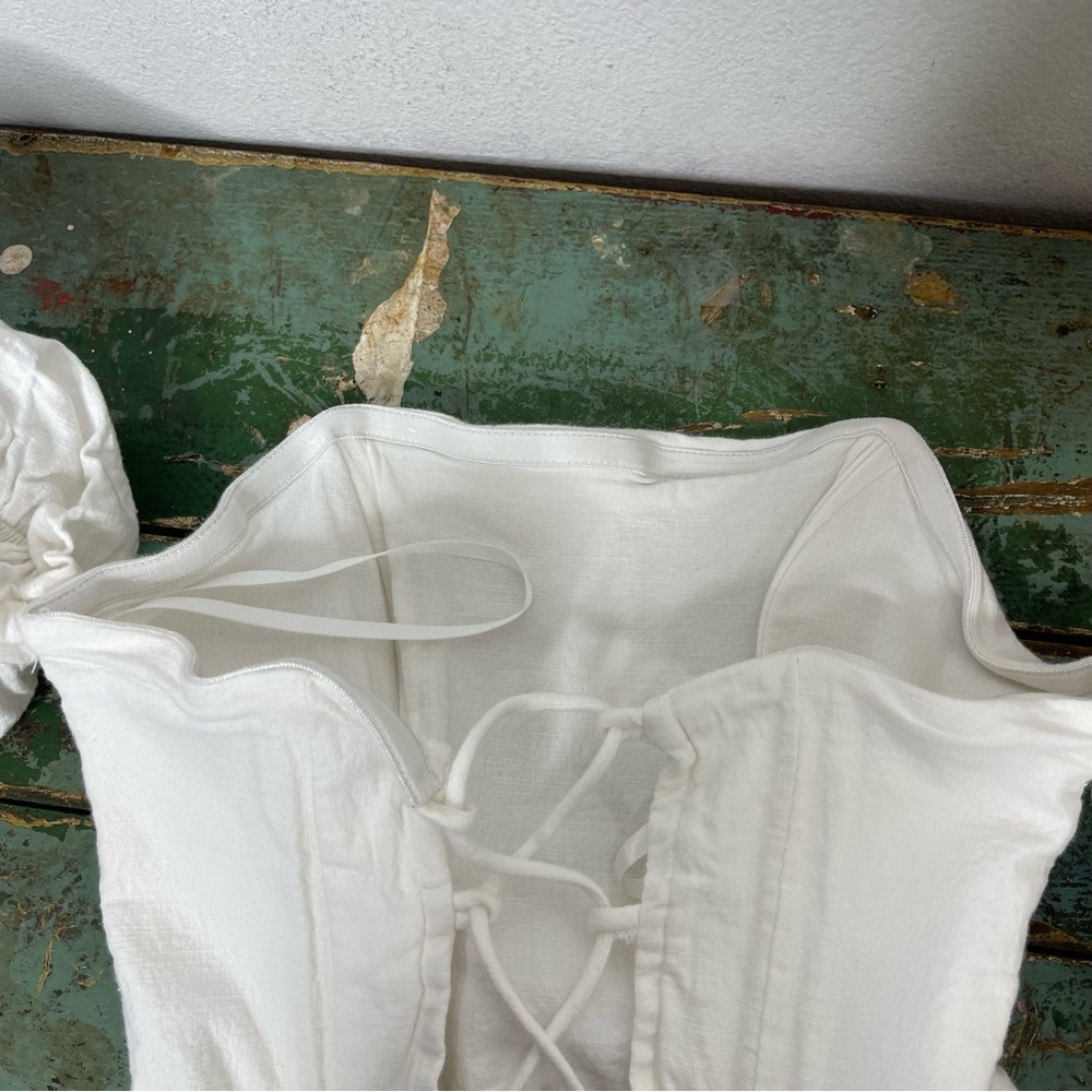 SEVEN Wonders Ivory Puff Sleeve Off Shoulder Cotton Tie Corset Crop Top Sz S - Picture 10 of 16